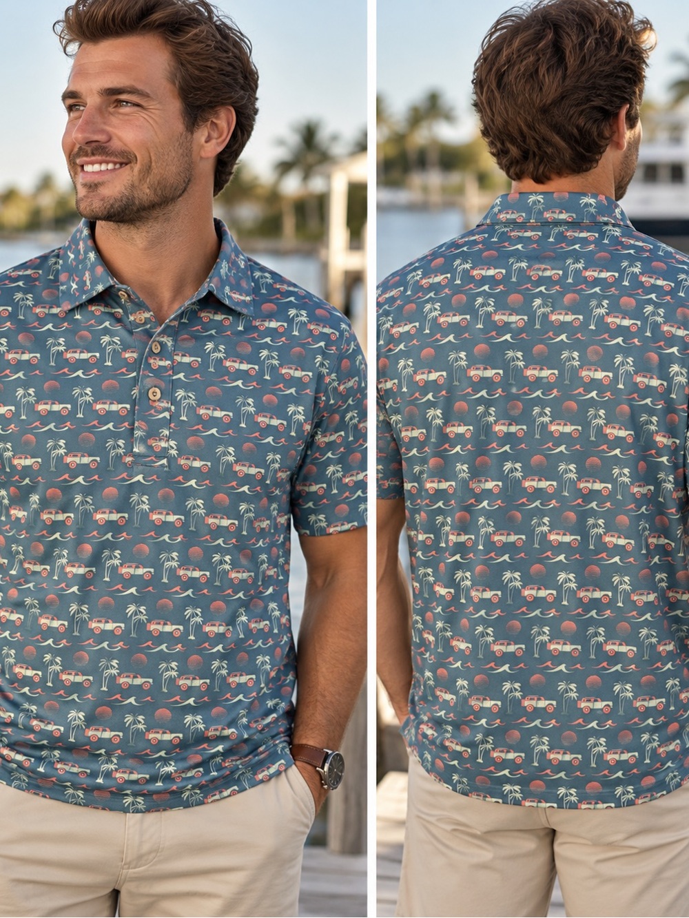 BURLEBO Teal Polo with Coral and Cream Tropical Print